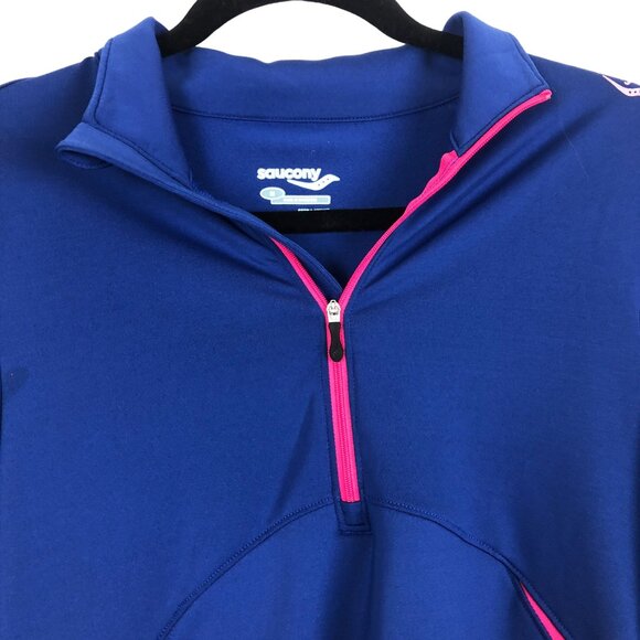 Saucony Quarter Zip Pullover Activewear Top Medium Blue Pink Accents Thumbholes - Picture 2 of 8